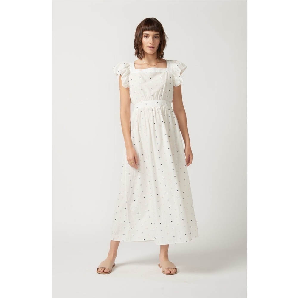 Self Contrast Nina Open Back White Midi Dress NWT Swiss Dot Flutter Sleeve
